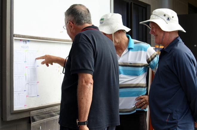 Cruising Division one team Witchy Woman of skipper Ian Griffiths and crew Glenn Arundel and Roger Barnet, checking out the newly posted Day 1 handicaps - Vision Surveys 25th Airlie Beach Race Week Regatta 2014  © Tracey Johnstone
